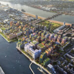 Аэриальный вид Royal Docks в Лондоне с доками и инфраструктурой для инновационных офисов