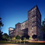 Панорамный вид на люксовый жилой комплекс Embassy Gardens в Nine Elms с видом на Темзу и Battersea Power Station