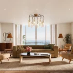 Просторная гостиная триплекса Villa Miami с окружающим освещением и панорамными окнами