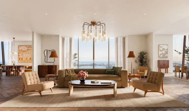 Гостиная с видом на залив Просторная гостиная триплекса Villa Miami с окружающим освещением и панорамными окнами