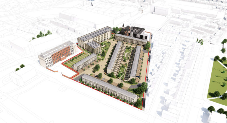 Панорамный CGI жилого проекта Arkle Court Компьютерная визуализация аэрофотоснимка планов Wavensmere Homes для Arkle Court в Челтенхэме – современный residential девелопмент