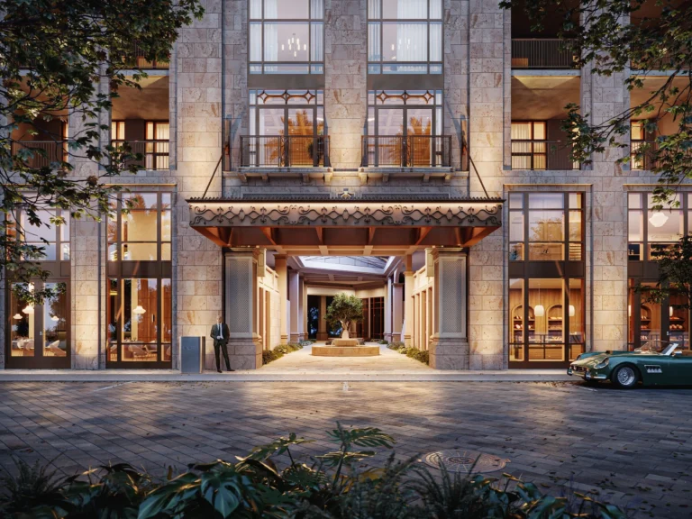 Фасад и парк Ponce Park Рендер экстерьера рядом с Ponce Circle Park в Coral Gables