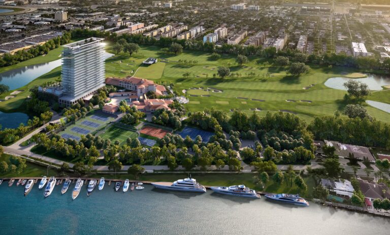 Силуэт башни на фоне гольф-поля Shell Bay Вертикальное строительство The Residences at Shell Bay с видом на чемпионское гольф-поле