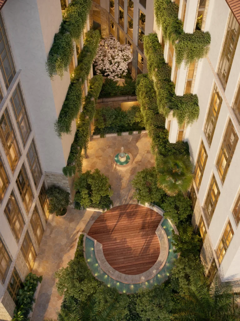 Рендер экстерьера Ponce Park Визуализация фасада и amenities Ponce Park Residences в Coral Gables