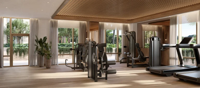 Общий вид удобств Ponce Park Рендер фитнес-центра и сада медитаций в Ponce Park Residences Coral Gables