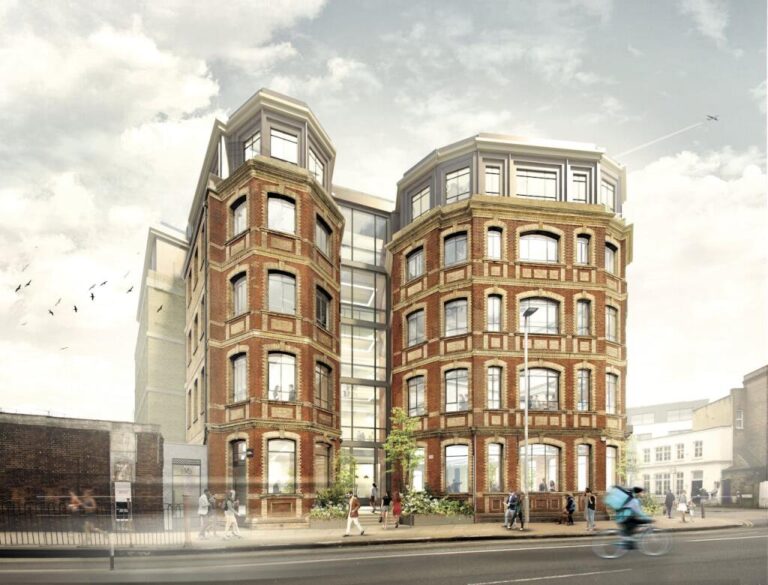 Фасад офиса на Queenstown Road в Баттерси Внешний вид коммерческой недвижимости 220 Queenstown Road SW8, shell офисы 18152 кв футов у станции