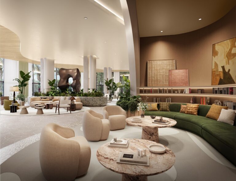 Панорамный pool deck Midtown Park Тропический pool deck с рестораном в жилом комплексе Midtown Park Майами