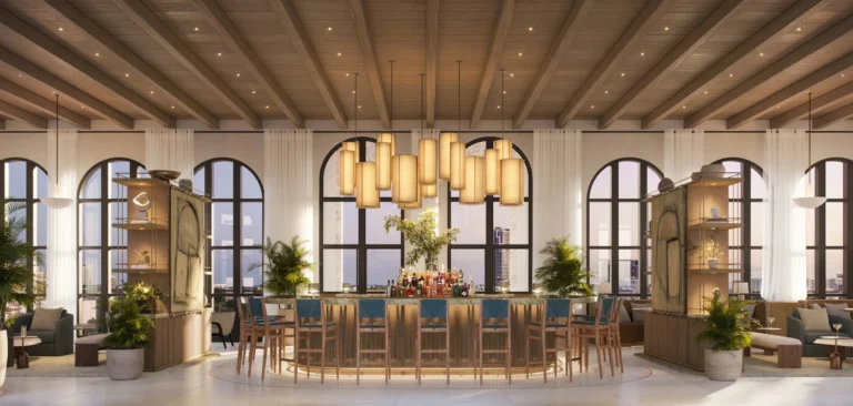 Рендер лаунджа на крыше Ponce Park Визуализация Skyline Bar & Lounge с видами на Coral Gables в проекте Ponce Park Residences