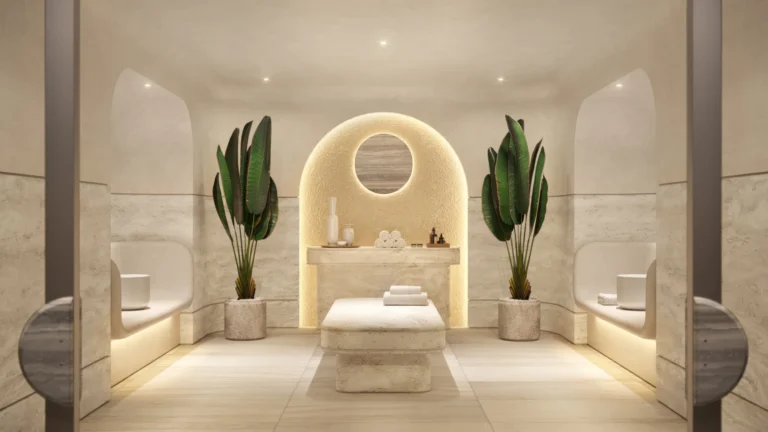 Визуализация спа-зоны Ponce Park Рендер wellness spa с сауной и хаммамом в элитном кондоминиуме Ponce Park Coral Gables